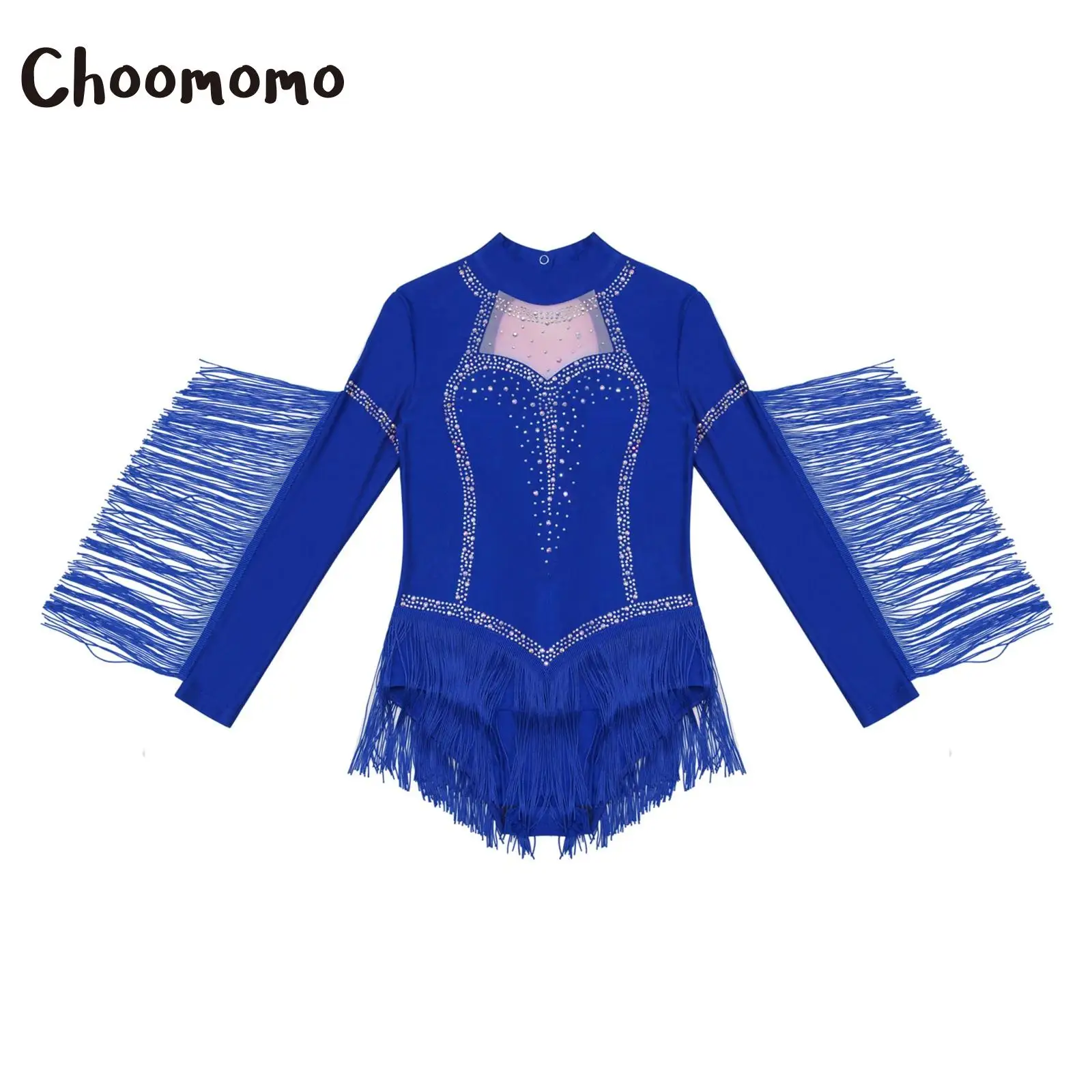 

Girls Latin Dance Leotard Dress Long Sleeve Rhinestones Tassels Cha-Cha Tango Jumpsuit Rhythmic Gymnastics Skating Costume