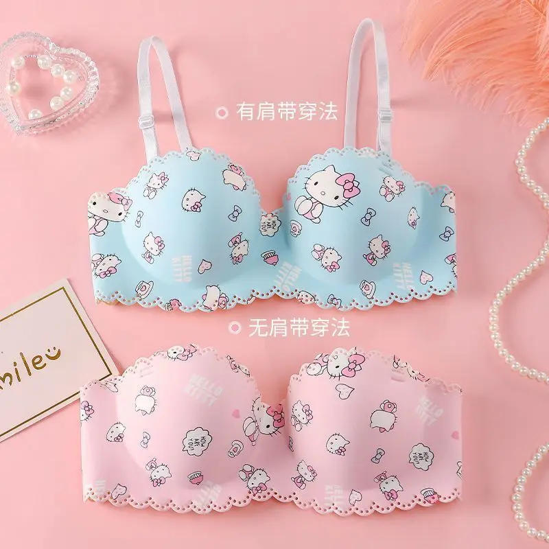 Sanrio New Hello Kitty Cartoon Strapless Bra Small Breast Gathering Sweet and Cute Girl Top-Up Anti-Sagging Beautiful Back Bra