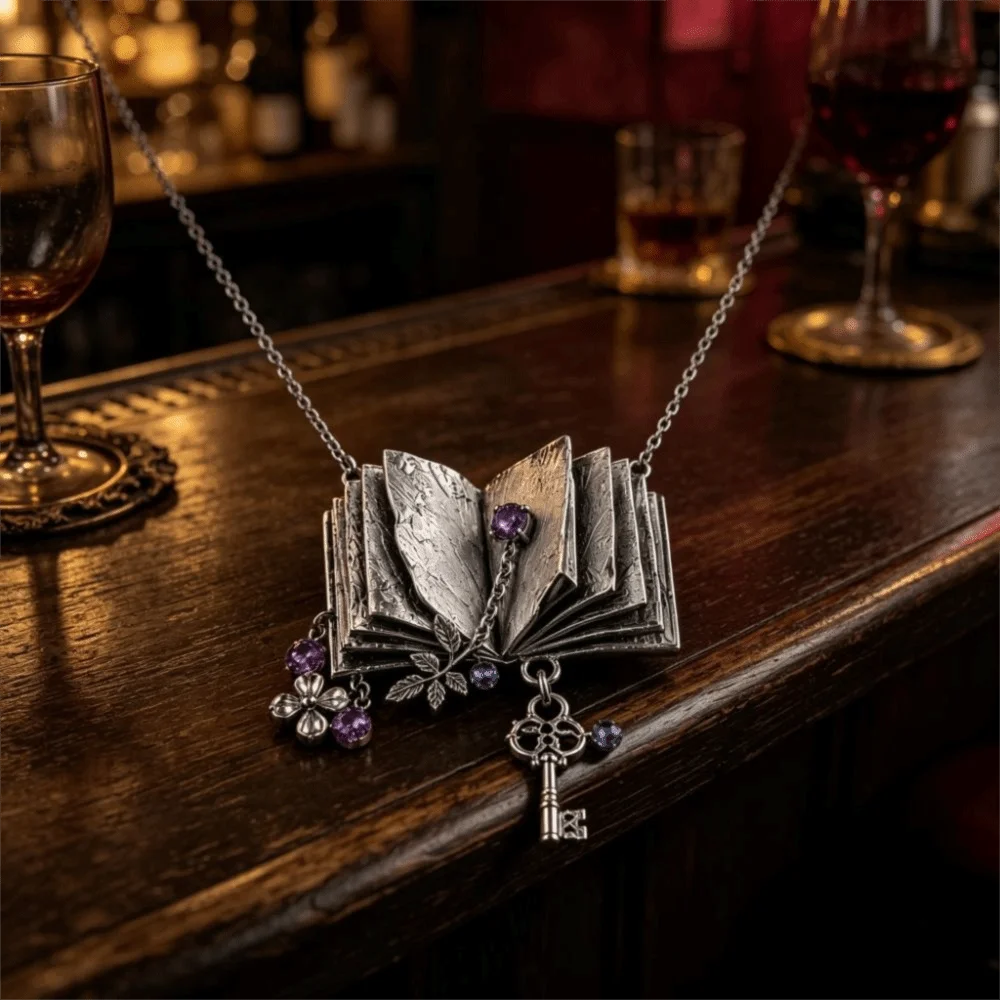 Vintage Purple Book Pendant Necklace Retro Antique Key Necklace Chic Design Floral Leaf Vintage Necklace Women