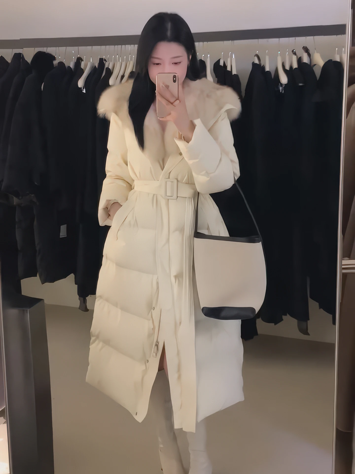 Korean Sle Long down Jaet Women's Winter Thiened White Du down Coat Slimming Waist High Collar Warm Faionable