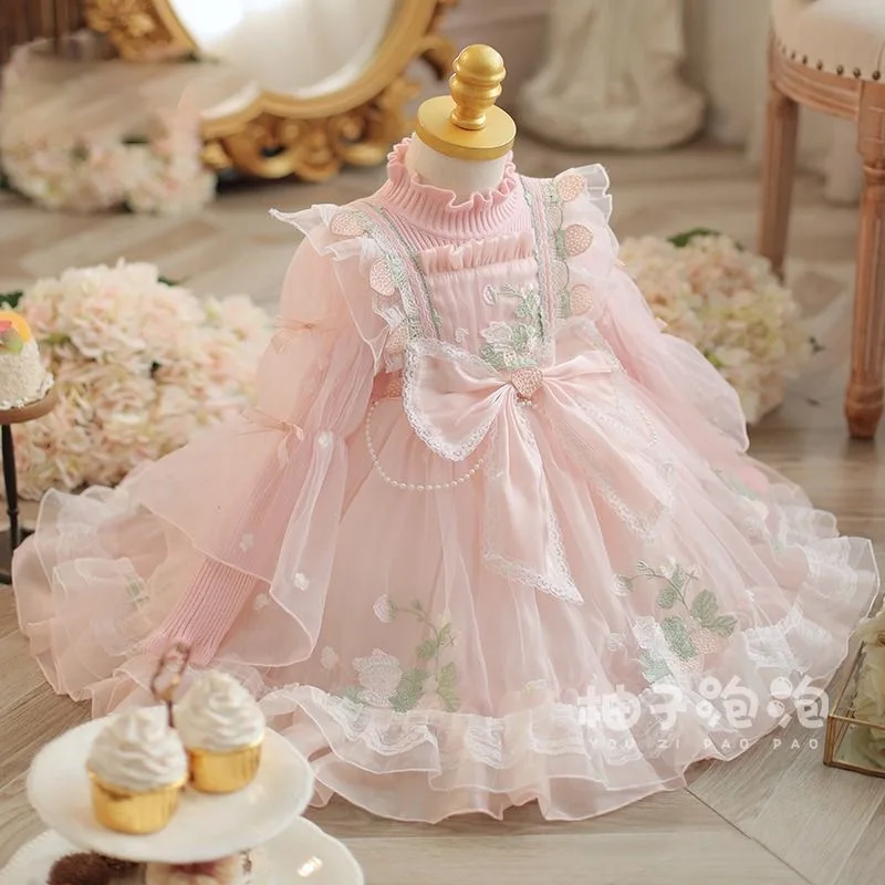 Pink Lace Lolita Style Girls Kids Dress Party Wedding Dress Long Sleeve Palace Girl Dresses Ball Gown Princess Communion Vestido