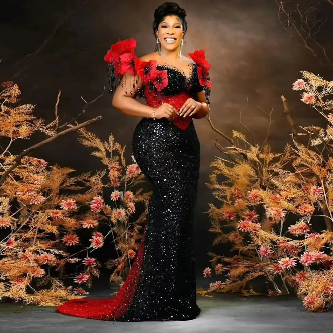 

Red Floral With Beads Tassels Mermaid Aso Ebi Black Sequined Evening Dress Sparkling Long Formal Gowns Mermaid Prom Dresses