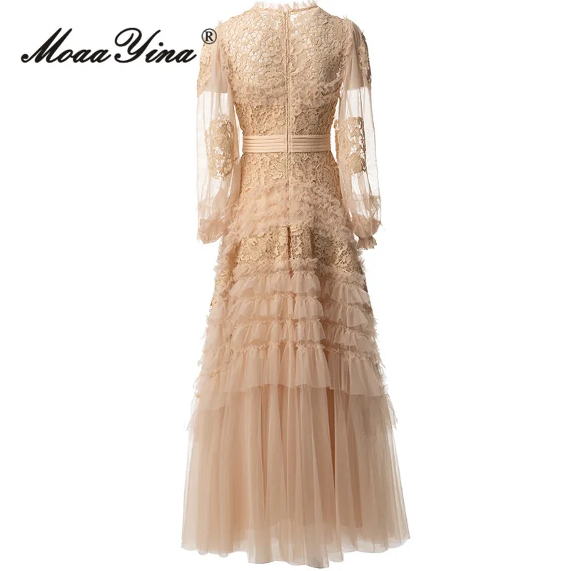 MoaaYina Vestido de renda com gola alta, manga comprida, em camadas, orelhas pretas, franjas, fofo, estilo princesa, para primavera/verão 2025 S-4XL