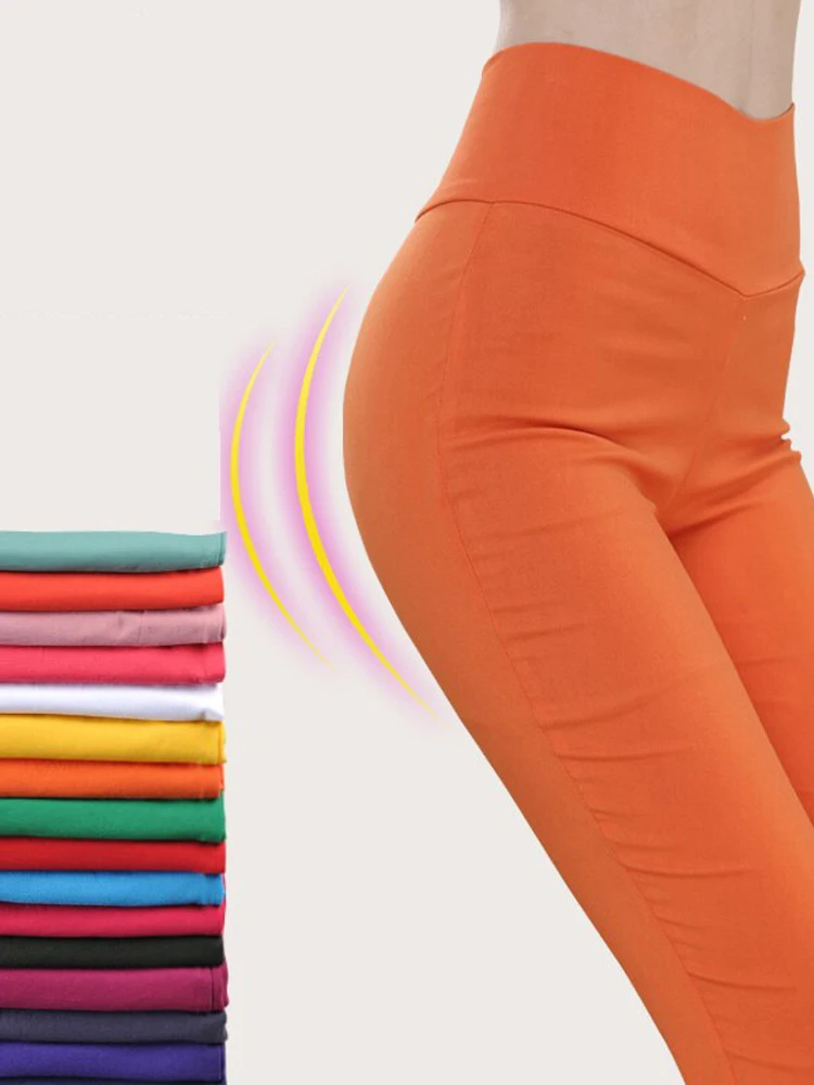 High Waist Women Skinny Pants Candy color Slim fit Opaque leggings Solid High Stretch Female Pencil Pants Large Size Waistband