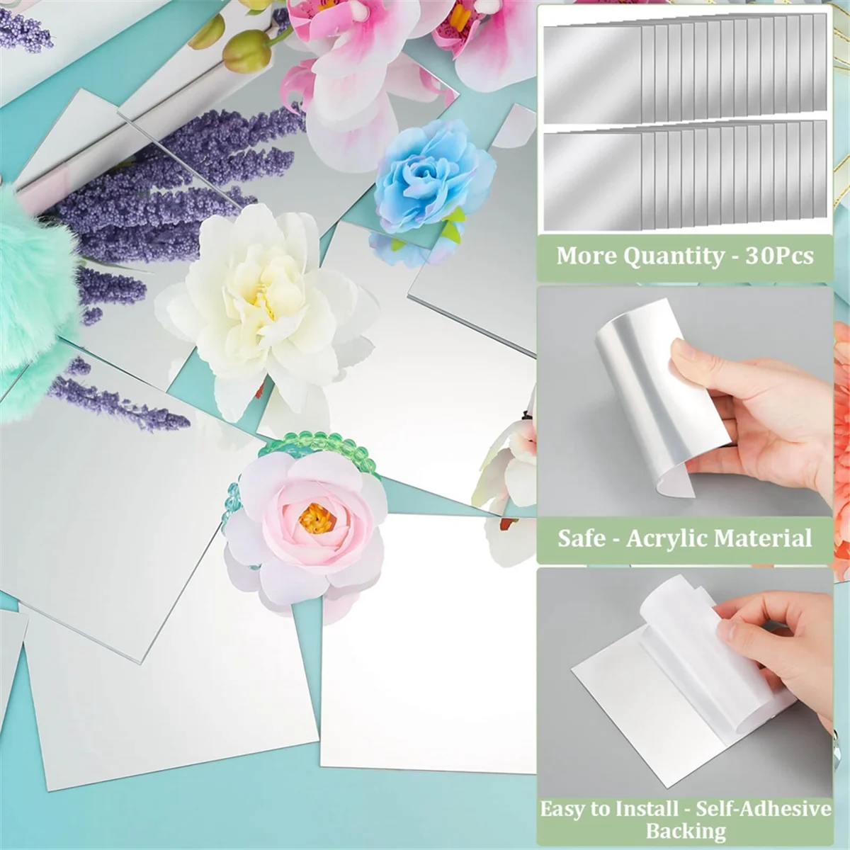 30 peças mini telhas de espelho acrílico autoadesivas, telhas minúsculas quadradas de alta definição de 4 polegadas para artesanato 10x10cm