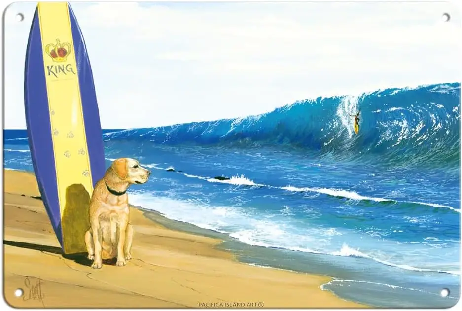 Pacifica Island Art The Kings Beach - Dog with Surfboard - Big Wave Surfer - From an Original Color Painting by Westmorela  sign