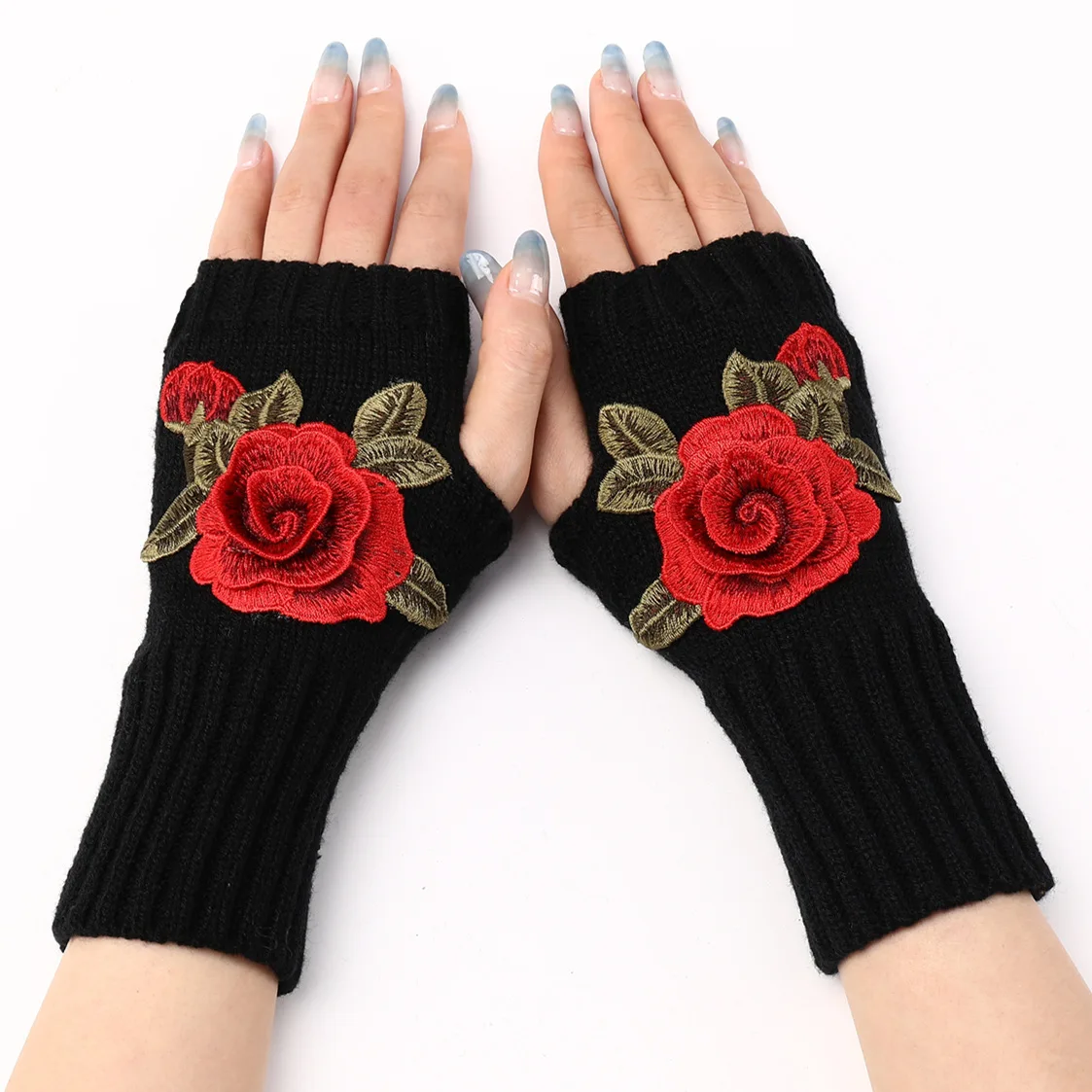 2022 Mới Thu Đông Nữ Ngắn Thời Trang Thêu Hoa Găng Tay Len Dệt Kim Tay Ấm Găng Tay Hở Ngón Fingerless Gloves Nữ