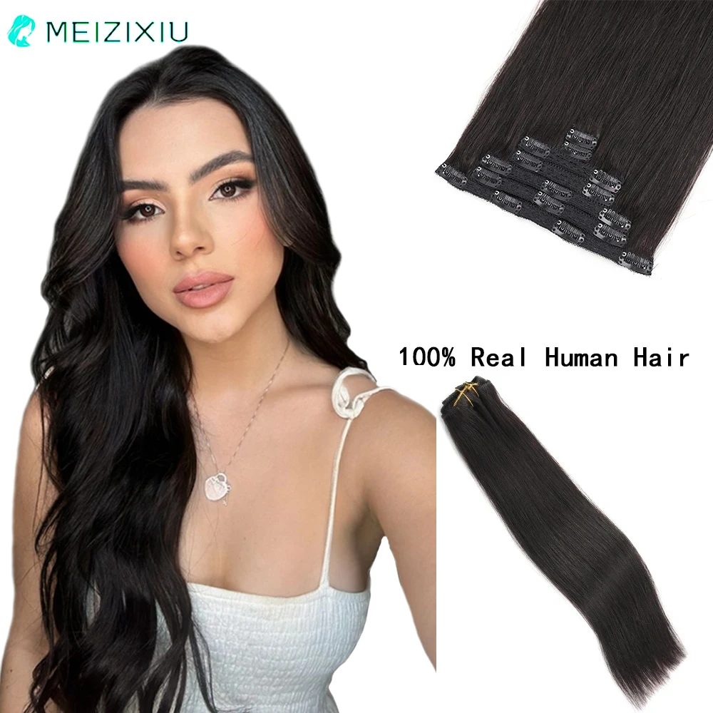 

Clip In Hair Extensions Remy Add Hair Natural Black Double Weft 7PCS Clip-On Hair Clip In Human Hair Extensions for Women Hair