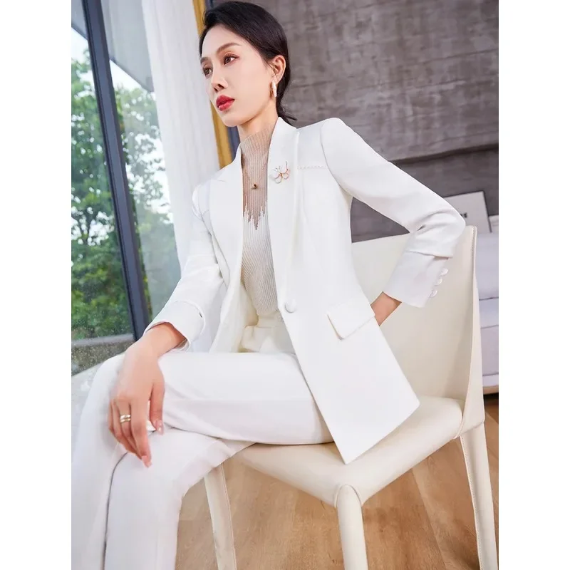 Mode Witte Koffie Zwarte Lange Mouw Vrouwen Broek Pak Dames Jas En Broek Vrouw Formeel Zakelijk Werk 2 Stuk Blazer Set