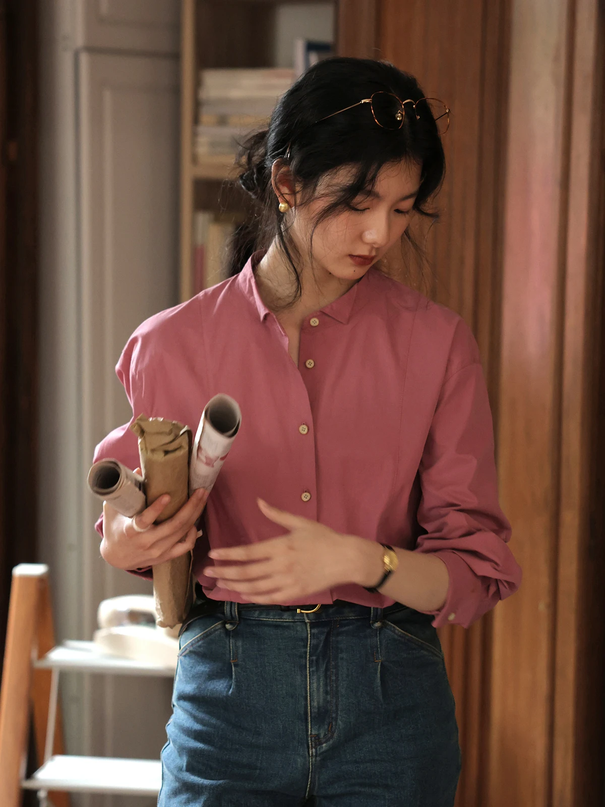 

Женская осенне-зимняя рубашка Solighter из чистого хлопка с воротником-стойкой, утепленная, с длинным рукавом, комфортная, свободного кроя