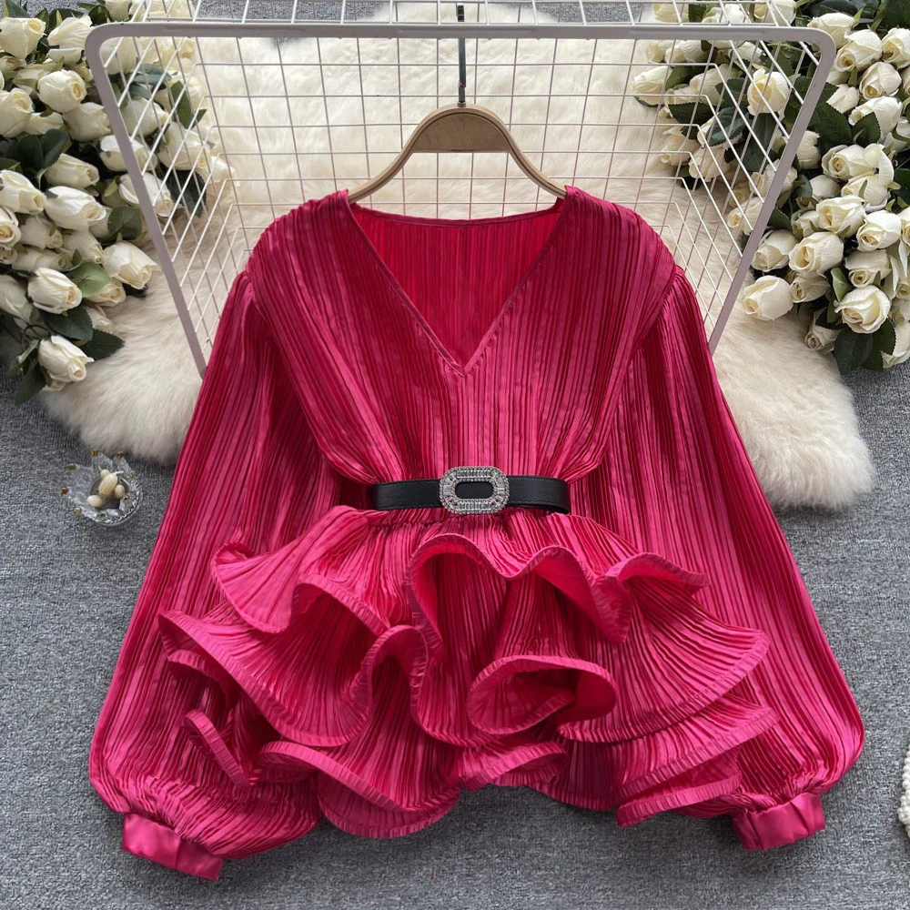 Elegant Ruffle Puff Long Sleeve Pleated Blouse Chic Vintage V Neck Fashion Top Women Spring Autumn Birthday Party Shirts Y2k