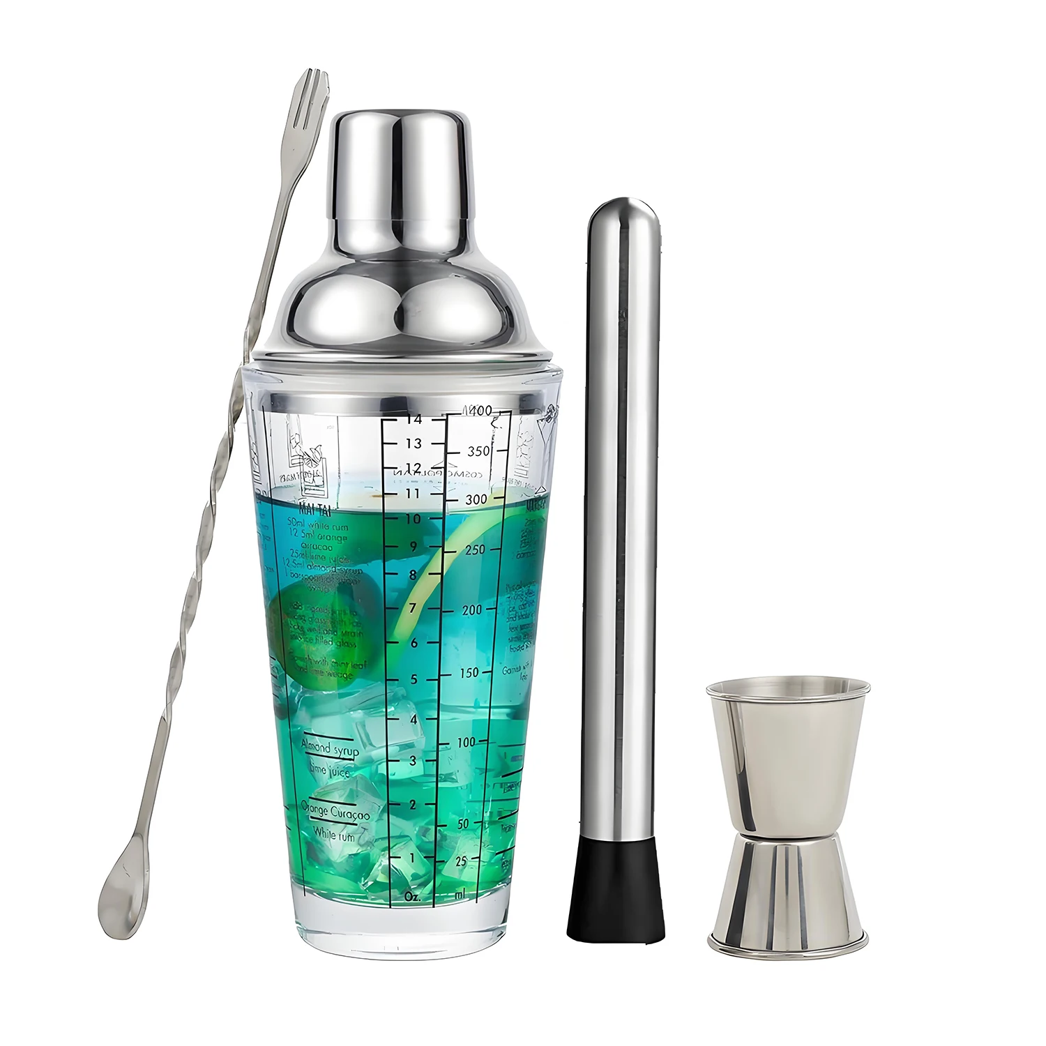 Juego de coctelera de vidrio de 14 oz para margaritas, martinis, café frío, con colador incorporado, jigger medidor y cuchara mezcladora
