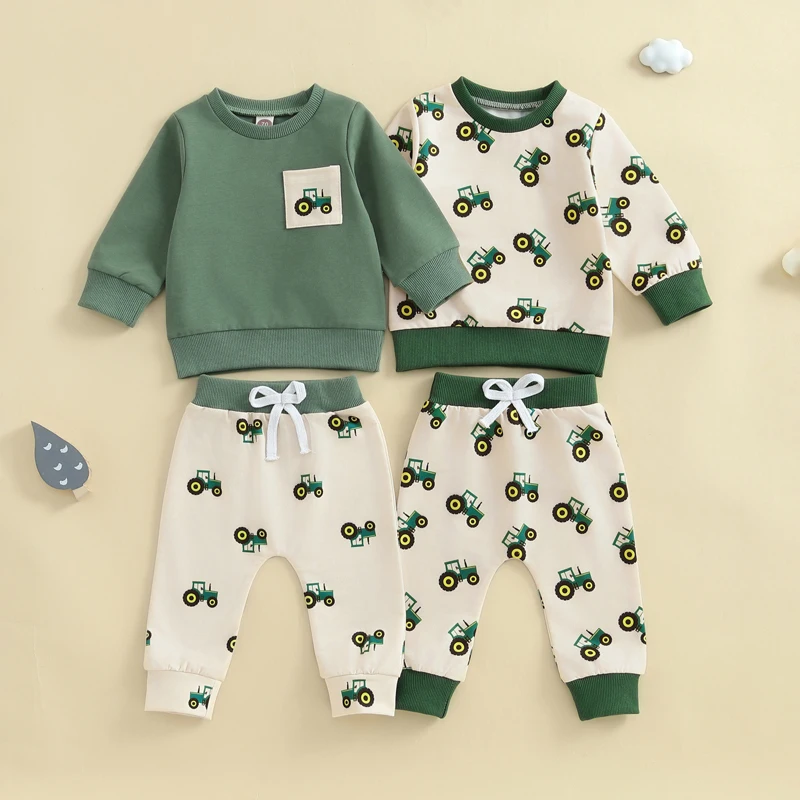 Toddler Baby Boy Spring Outfit Tractor Long Sleeve Sweatshirt Long Pants 2 Pcs Set Farm Clothes