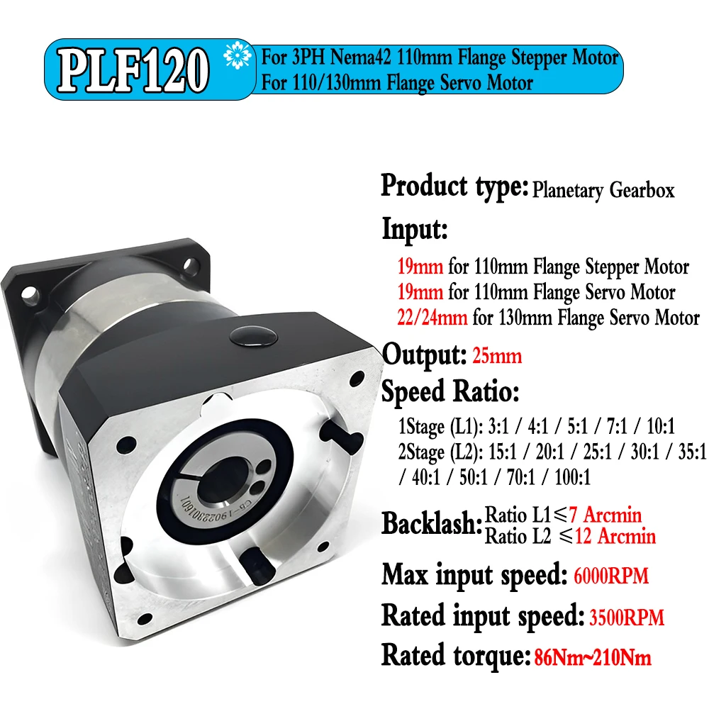 7Arc min Planetary Reducer 110mm/130mm Servo Motor Ratio 5:1-100:1 High Torque Gearbox 110mm Flange 3PH Stepper motor