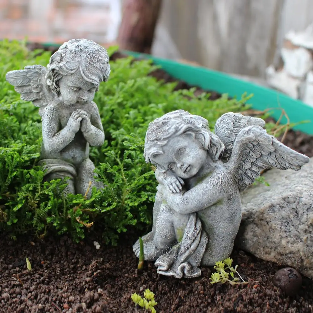 2 Pcs 7cm Cherub Statues Angel Garden Memorial Decorations Waterproof UV Resistant Indoor Adorable Sculptures Resin Angel Decor