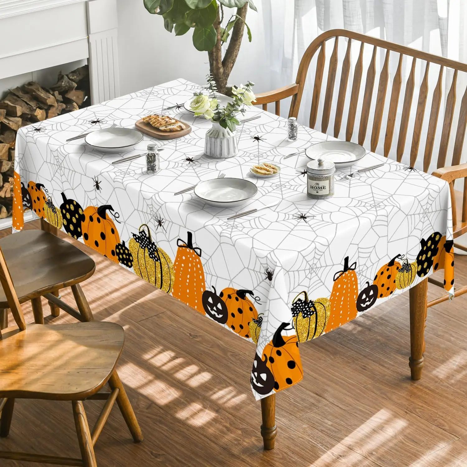 Halloween Kitchen Tablecloth, Jack-O-Lantern Spider Web Horror Theme Washable Tablecloth for Party Picnic Dinner Decoration