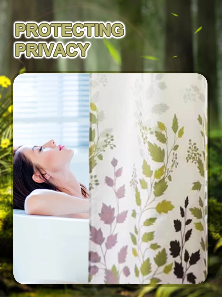 Waterproof Polyester Curtain with Yarn Cut Large Ring, Waterproof Fabric, Maple Leaf, Garden, Double Layer, Bathroom Water, 1Pc