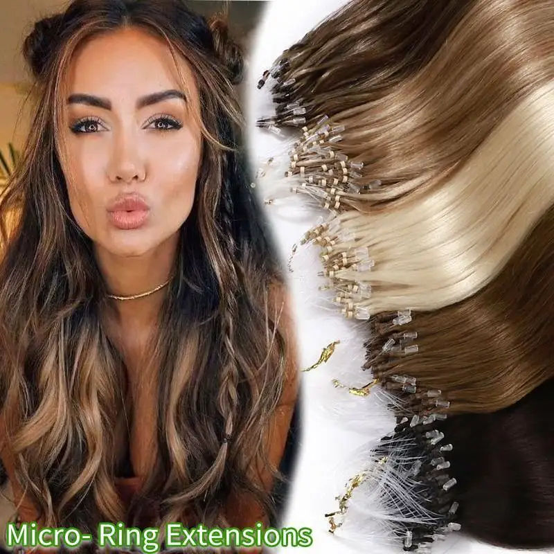 

100% Human Hair Straight Micro Loop Ring Extensions Hair Weft Pre-attached Rings With Silicone Tubes Colors 1B/2/4/6/8/613