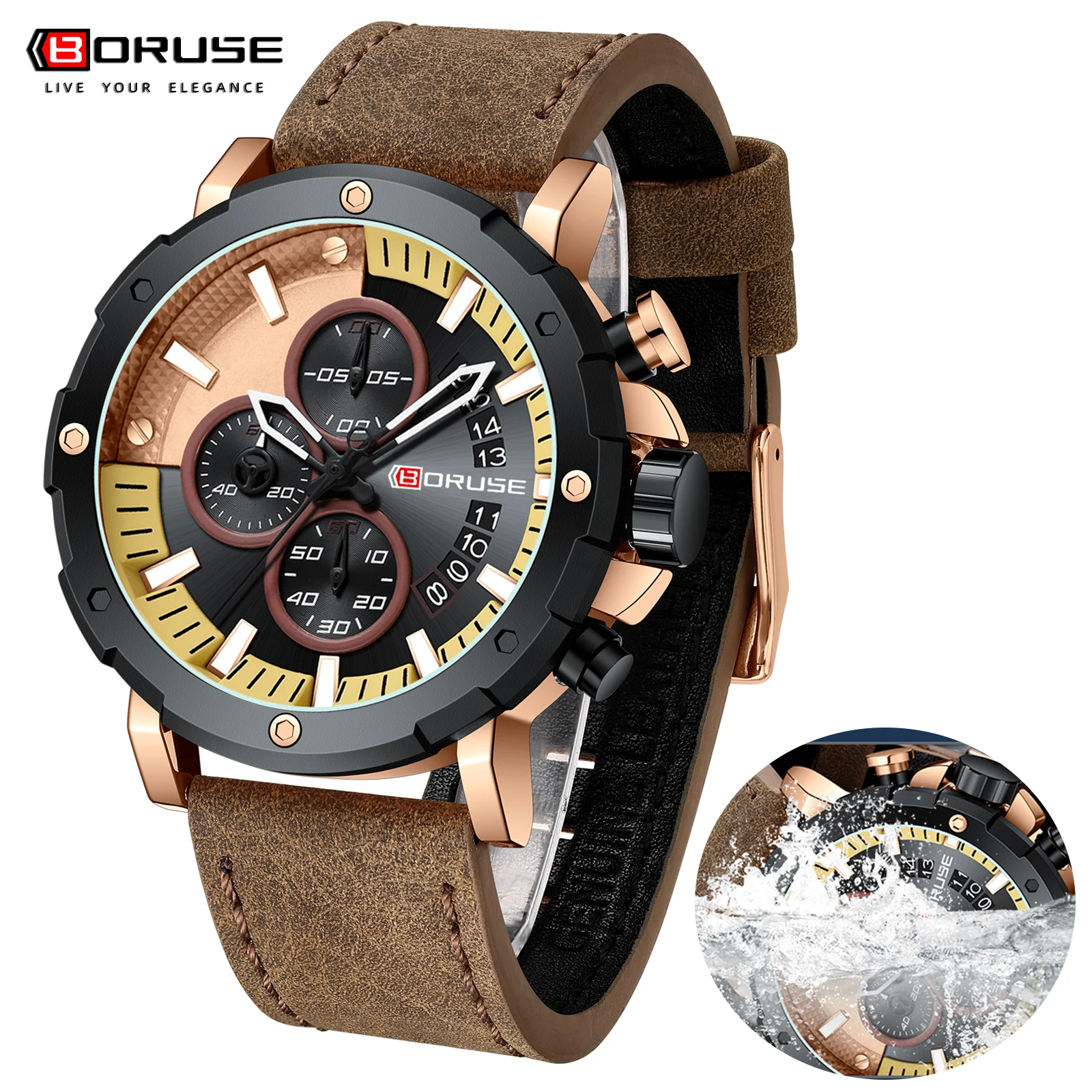 BORUSE Luxury Brand Men's Casual Leather Strap Date Wristwatches Men Sports Watch Male Quartz Watches Relogio Masculino