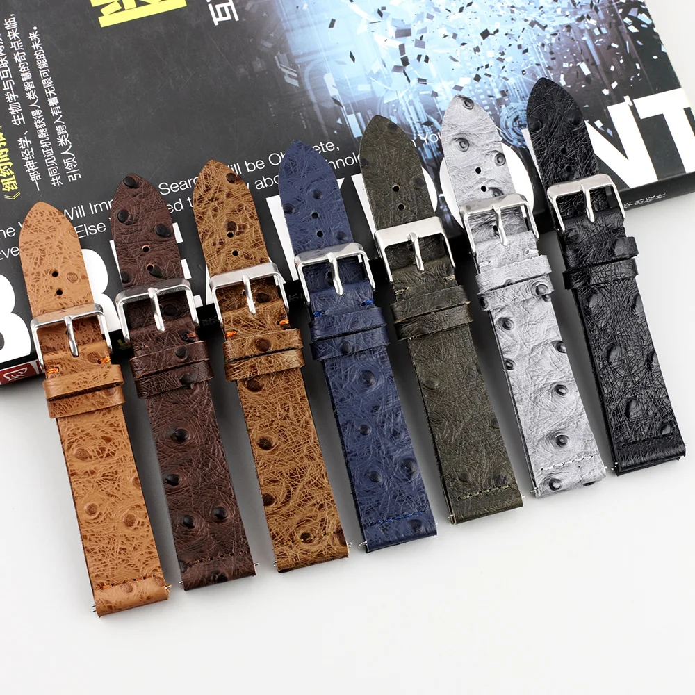 Vintage Leather Watchband 16mm 17mm 18mm 19mm 20mm 21mm 22mm Ostrich Pattern Quick Release Watch Strap Bracelets Accessories