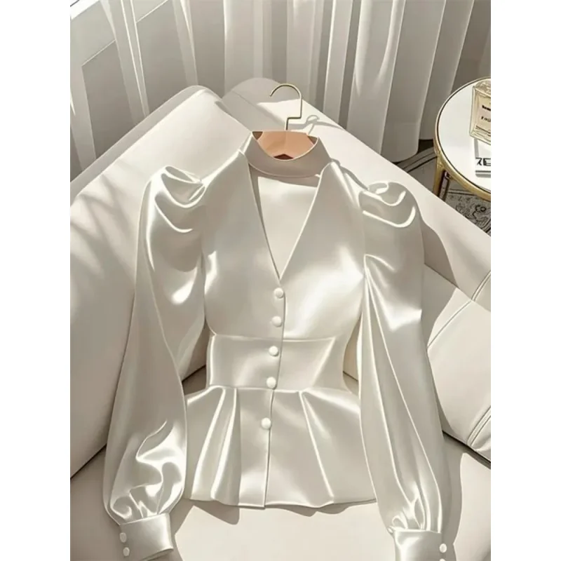 Frans elegant damesoverhemd Luxe taille-gesneden wit satijnen shirt met lange mouwen voor dames Temperament Elegante damesblouses