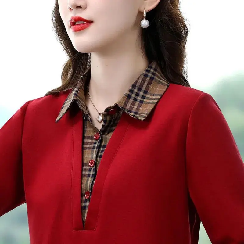 2023 Spring and Autumn Women's Plaid Turn Down Collar Long Sleeve Fake Two Pieces Pullovers Fashion Casual Commute Tops