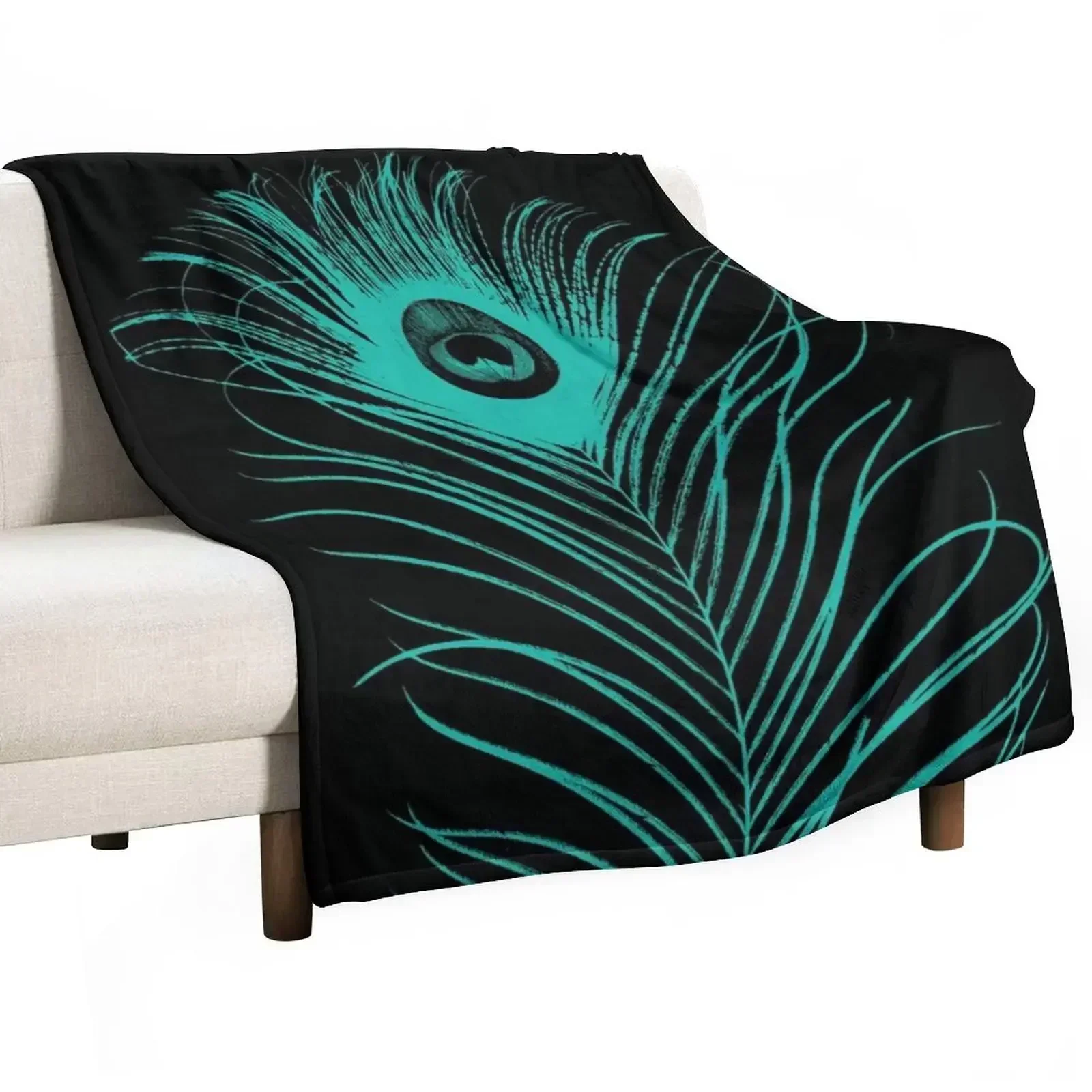 Peacock feather in black and turqoise Throw Blanket Comforter wednesday Bed linens Blankets