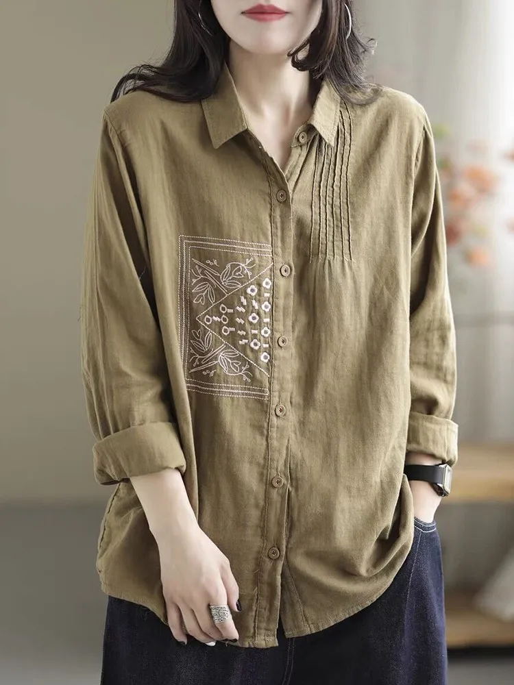 Women Long Sleeve Casual Shirts New Arrival 2022 Autumn Korean Style Vintage Embroidery Loose Female Cotton Tops Shirt B2155