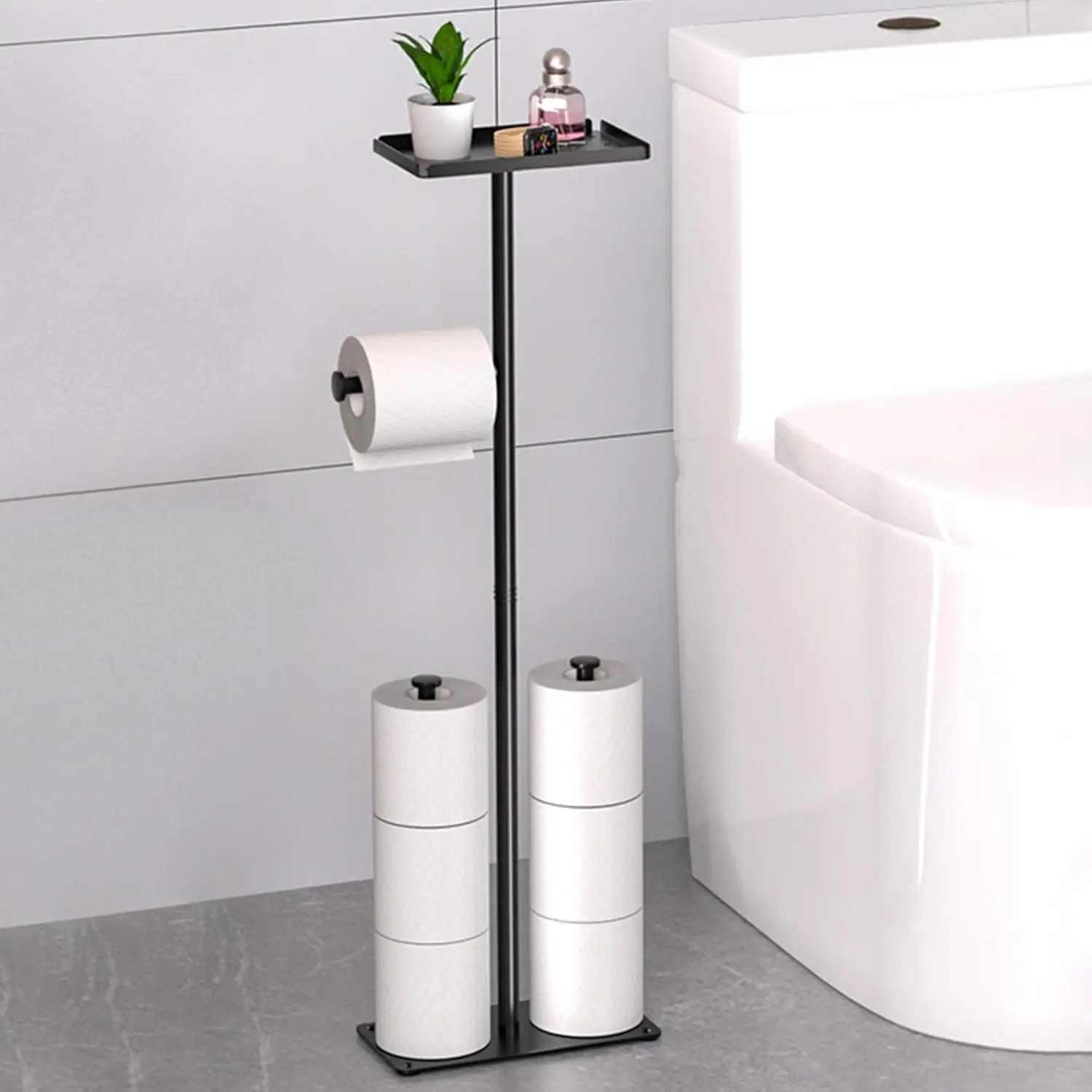 

Toilet Tissue Roll Paper Holder Free Standing For Bathroom With storage Tray