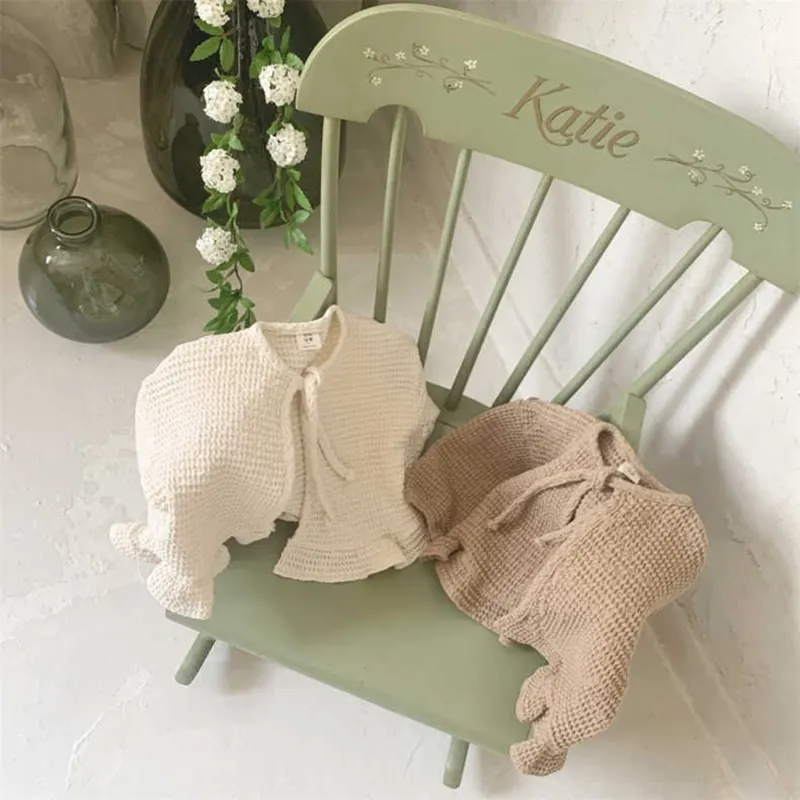 Newborn Baby Girl Boy Cotton Waffle Cardigan Toddler Child Long Sleeve Coat Solid Ruffle Jacket Spring Autumn Baby Clothes 9M-2Y