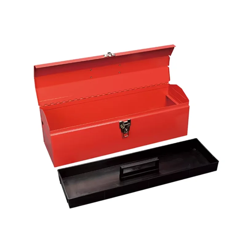 

Small portable steel red toolbox with handle for locking