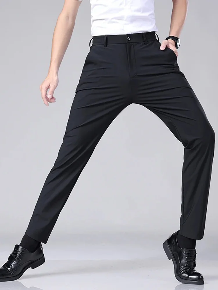 Men's Casual Pants Spring Summer Thin Business Slim Elastic Waist Trousers Korean Classic Stretch Black Gray Trousers Male