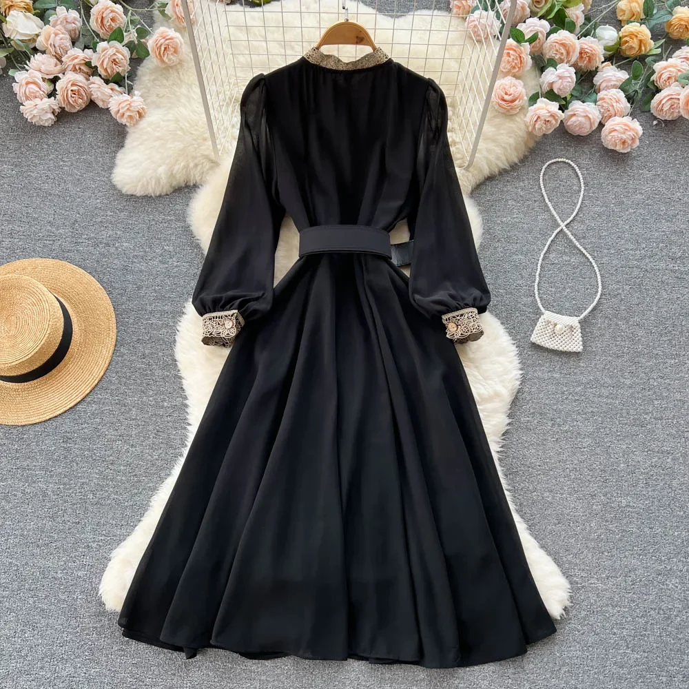 NEPLOE Schwarz Frauen Blume Stickerei Kleid Lange Laterne Hülse Stehkragen Chiffon Kittel Vintage Hohe Taille Belted Midi Vestido