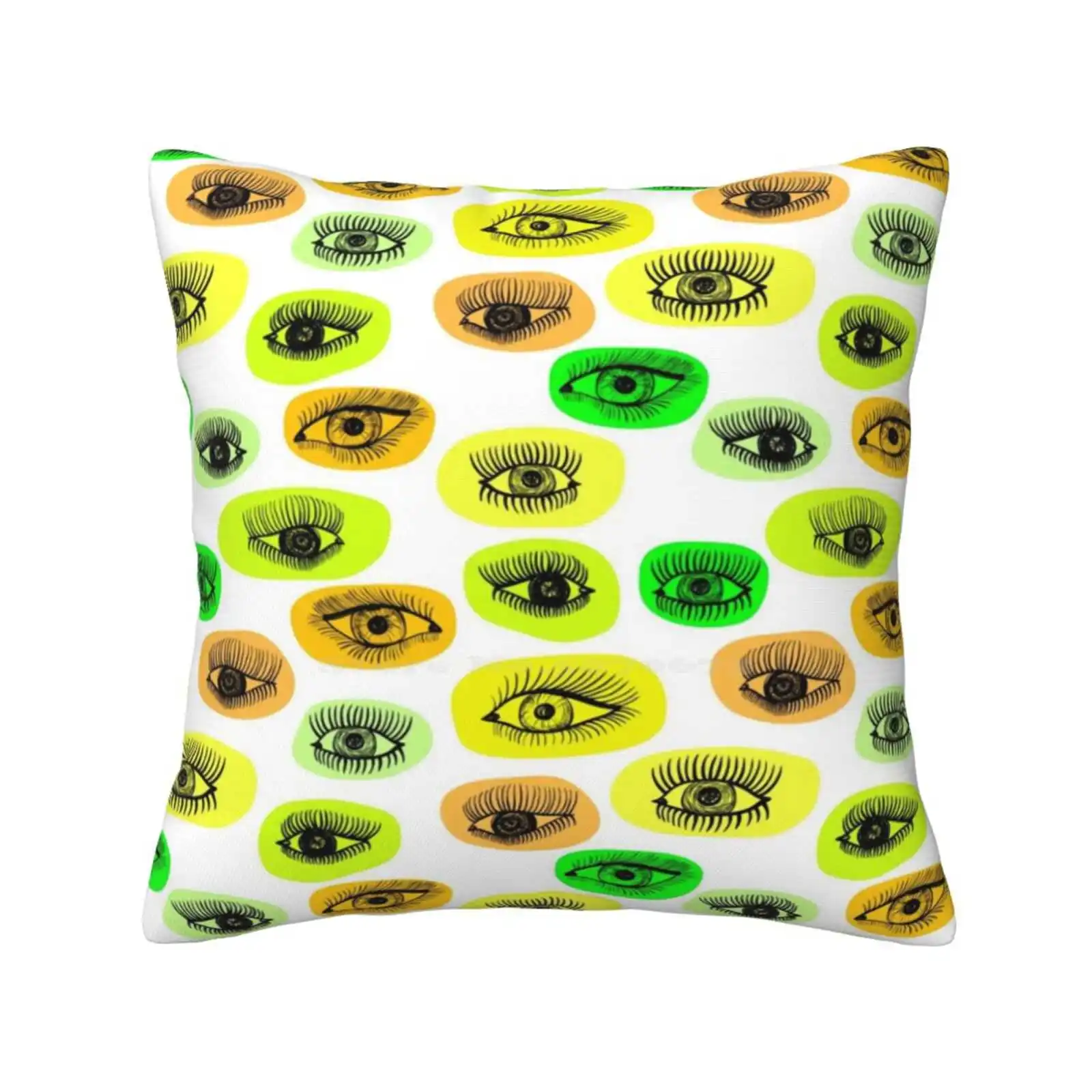 Eyes Motive Funny Cute Decor Square Pillowcase Chaotic Wallpaper Green White Ornament Collage Line Yellow Vector Orange Stencil