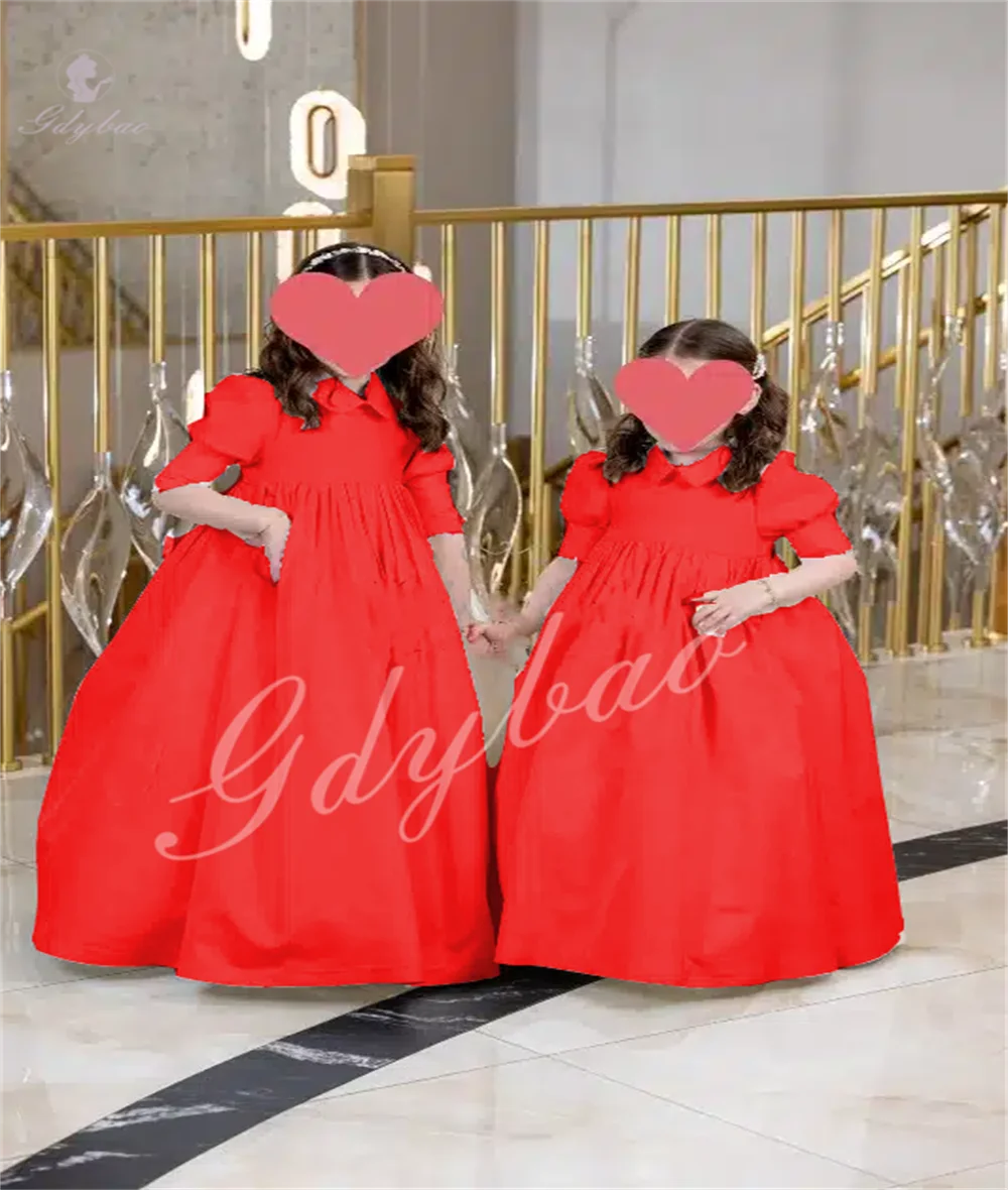 Sukienka dla dziewczynki w kolorze królewskiego błękitu z klapami Peter, bufiaste krótkie rękawy, satynowa, na komunię, urodziny, wesele, dla druhny.