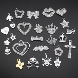 100pcs Fashion Jewelry Rhinestone Star  Heart Bone Crown Key Skull Pendant Charms Hang Charms DIY Making Fit Bracelet Necklace