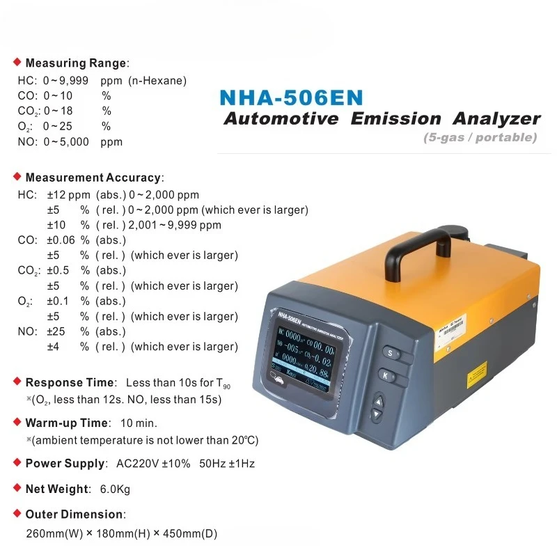 Analyseur de gaz d'échappement Automobile véhicule HC CO CO2 O2 testeur compteur analyseur de gaz d'échappement analyseur de gaz d'émission automatique NHA-506
