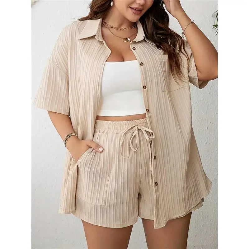 

plus Size Women's Summer Casual irt orts Two-Piece Set Polyester ort Sve Button-Up Neline Faionable Ensemble