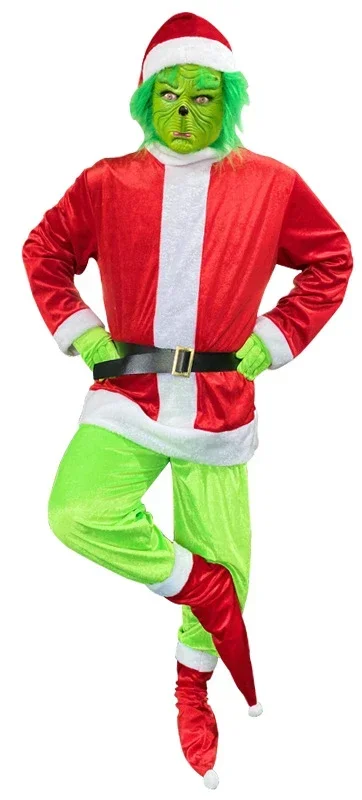 Santa Cosplay Costume Grinch Green Hairy Monster Party Dress Christmas Tops Pants Hat Gloves Shoes Cover Mask Family Outfit