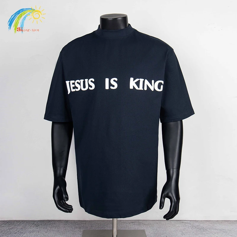

Classic Letters Logo Foam Print Jesus Is King T Shirt Men Women Streetwear Oversized Tee Tops Kanye West Dark Blue T-Shirt