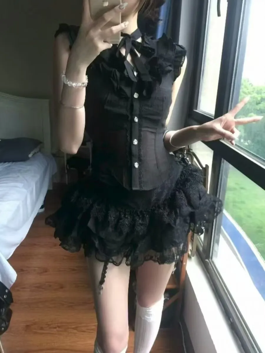 Summer Black Gothic 2 Piece Set Women Lace Ruffle Corset Top + Tiered Lace Cake Mini Skirt Women Y2K Grunge Aesthetic Outfit view 4
