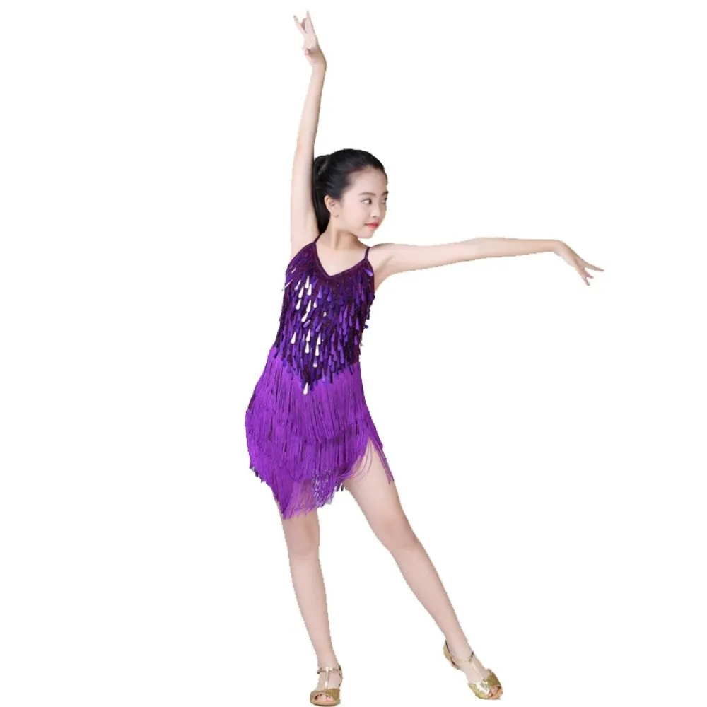 

Детское платье для латиноамериканских танцев с блестящими пайетками и бахромой, профессиональный костюм для джазовых и румба-выступлений