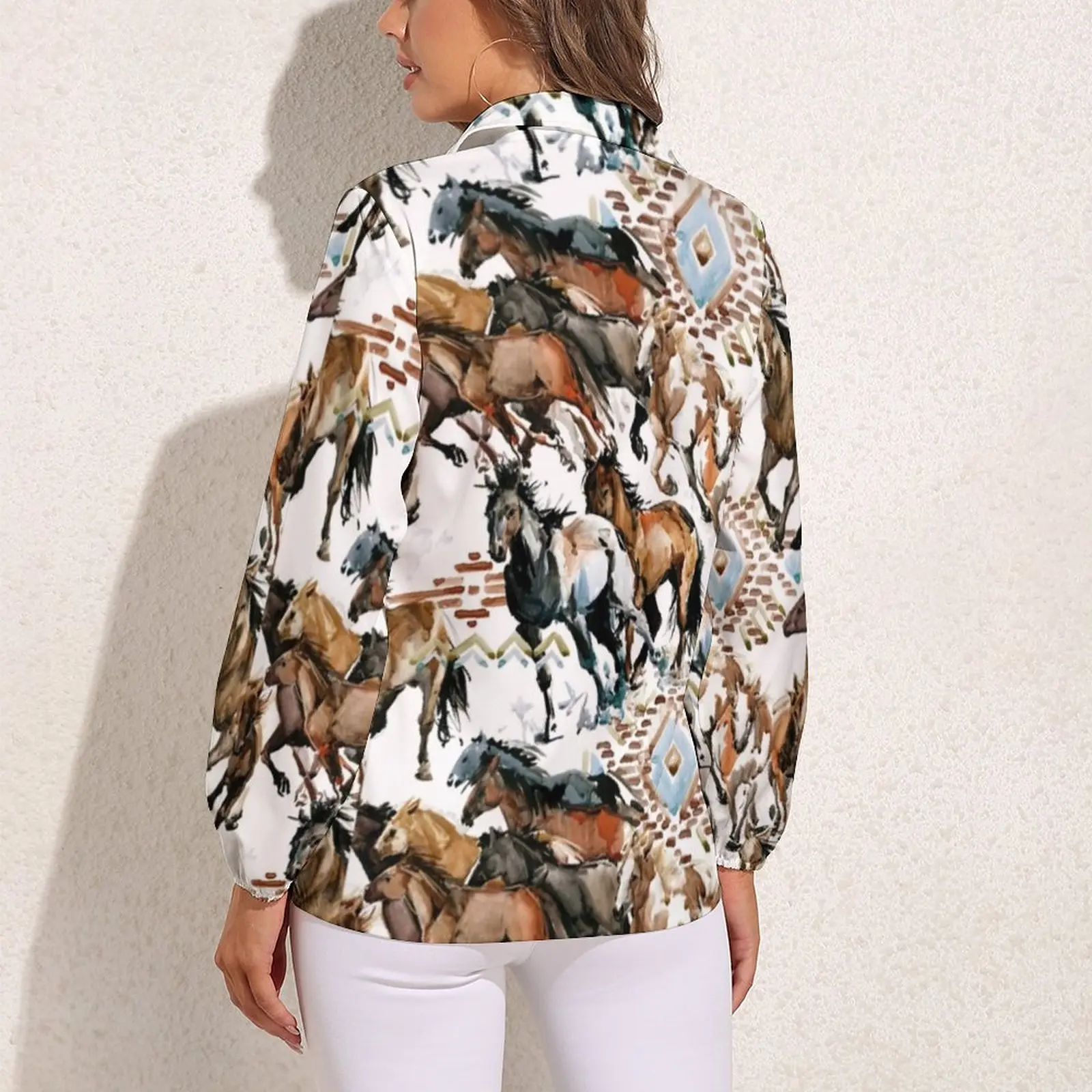 Wild Horse Lover Loose Blouse Animla Print Korean Fashion Oversized Blouses Woman Long Sleeve Aesthetic Shirts Summer Print Top