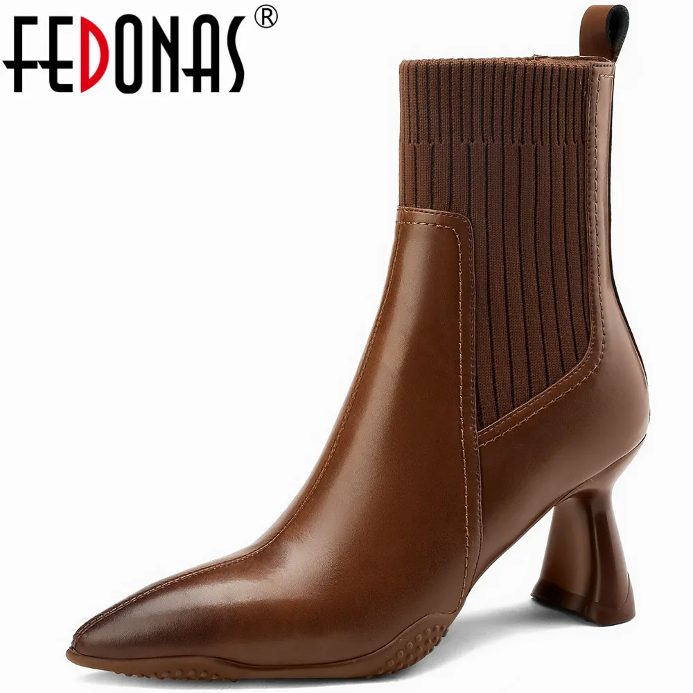 

FEDONAS Knitting Splicing Women Genuine Leather Ankle Boots Autumn Winter Pointed Toe Elegant Dress Office Lady Shoes Woman 2023