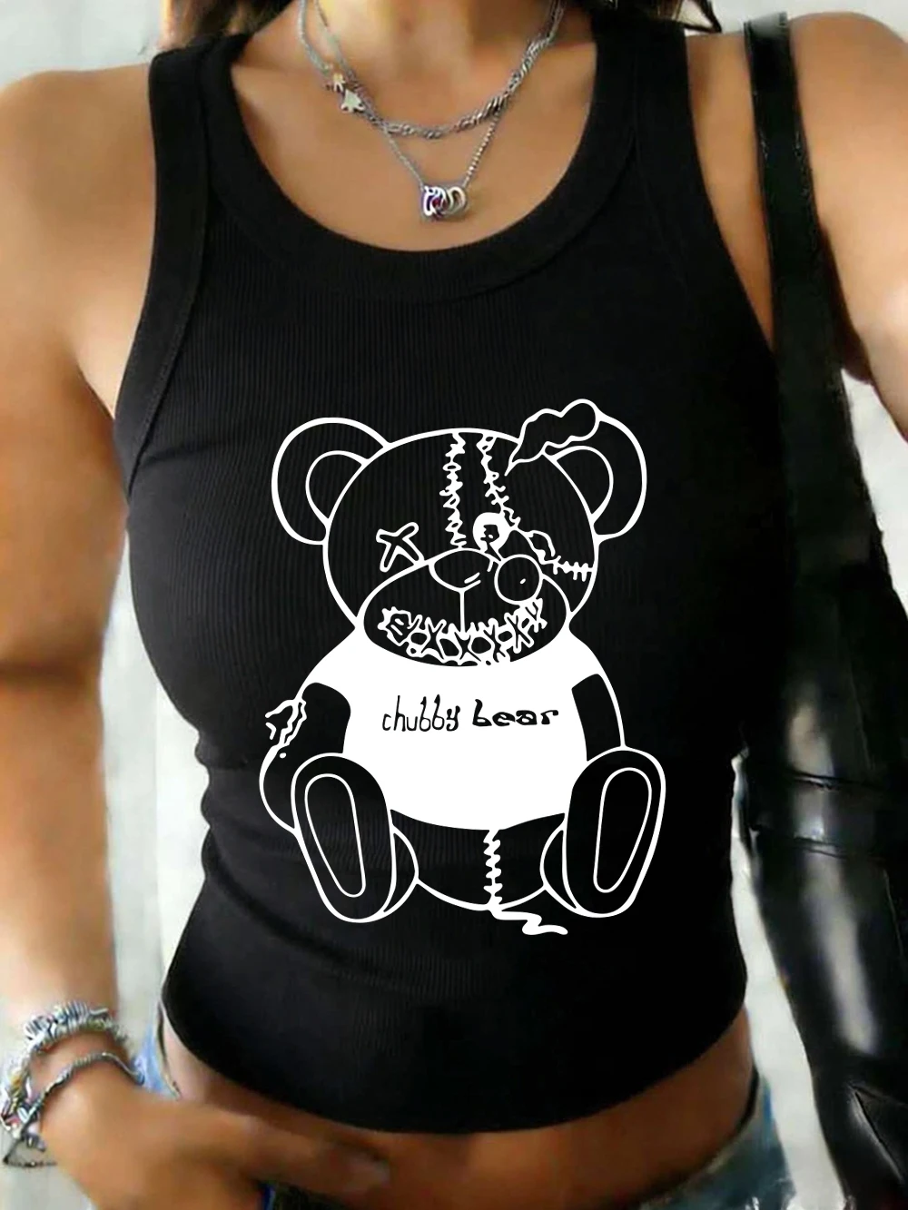 

Женские базовые хлопковые майки с принтом розового плюшевого медведя, летние облегающие мягкие безрукавки, повседневные эластичные майки с круглым вырезом