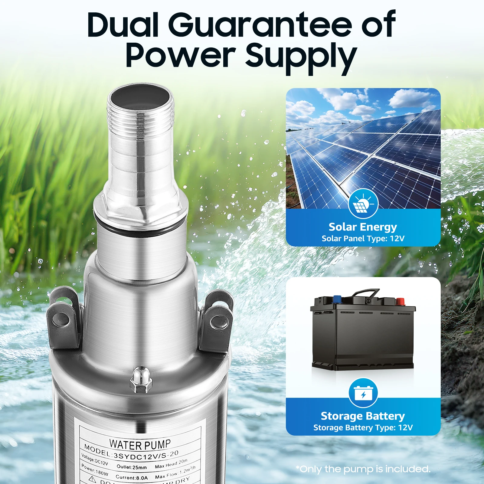 Electric Deep Well Pump Solar Submersible Water Pump DC 12V 180W Pure Copper Motor 5.3 GPM Flow 82ft High Lift for Well Farm