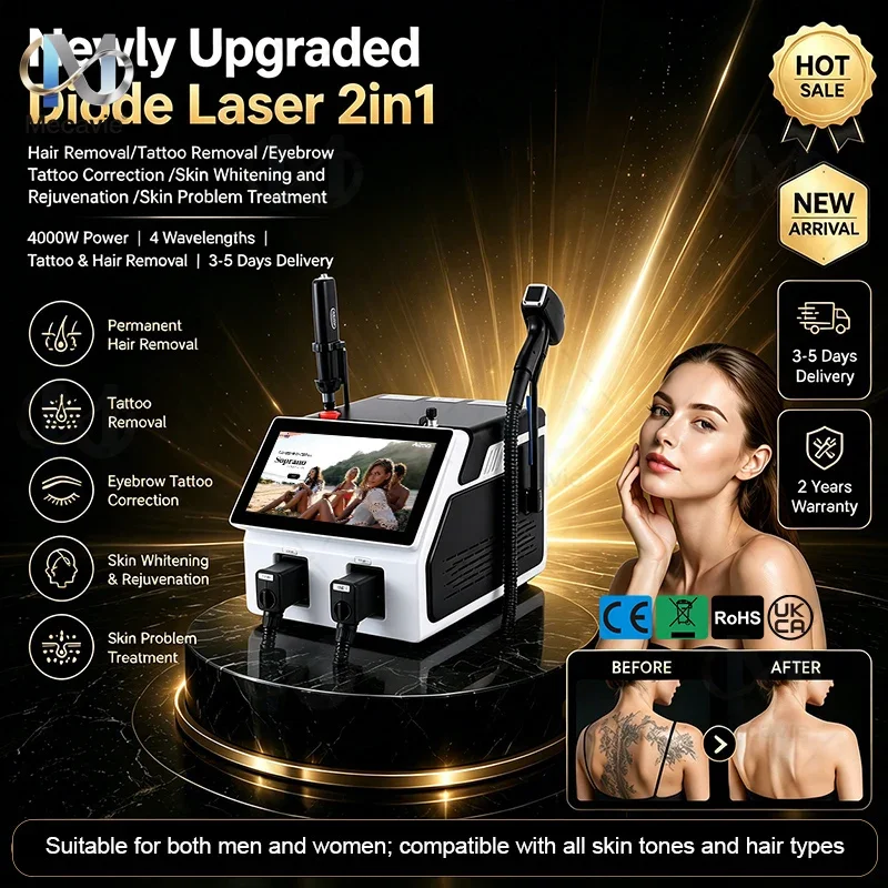 2in1 CE Diode & Picosecond Laser 4000W 4 Wavelengths(755/808/940/1064nm)Ice Point Painless Permanent Hair Removal&Tattoo Removal