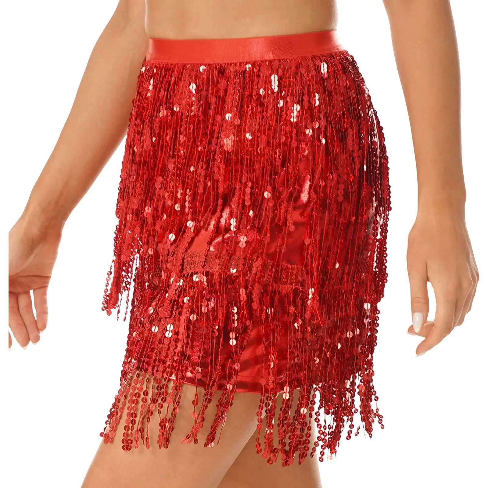 สตรี Fringed สิทธิบัตรหนัง Raves กระโปรง Sparkly เลื่อมพู่กระโปรงเอวยางยืด Latin Belly Dance เครื่องแต่งกาย