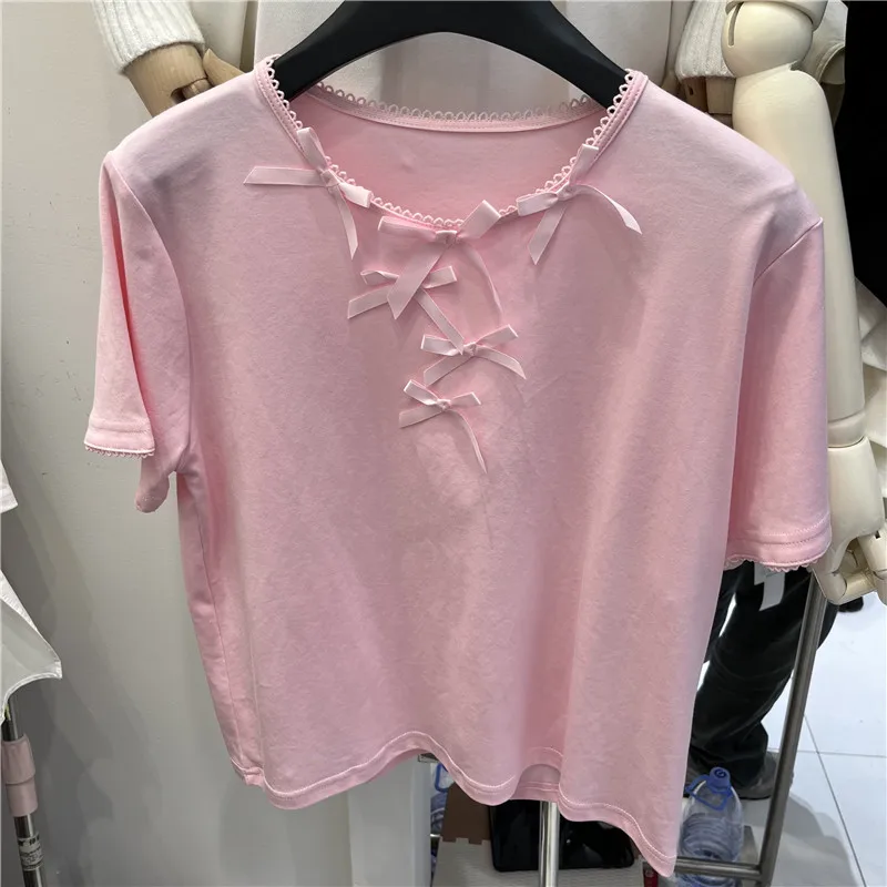 

Женская футболка Sweet Sle Pure Color с узлом, коротким рукавом, расклешенным низом и круглым вырезом, из смесового хлопка, летняя