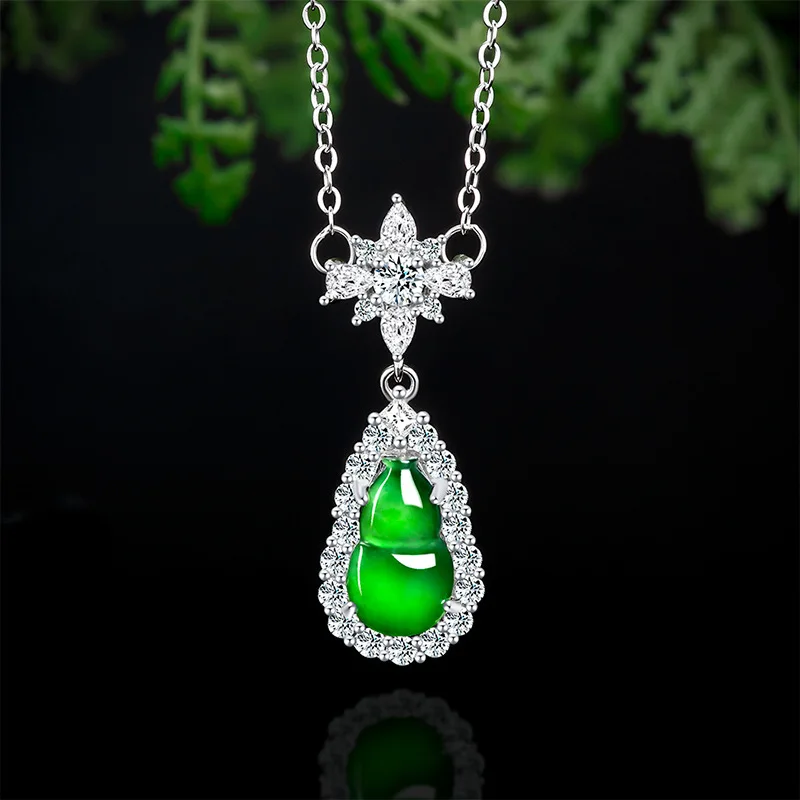 

High End Pure Natural A-grade Jade Yang Green Gourd Pendant Silver Inlaid with Ice Seed Jade Women's Fashionable Pendant Chain
